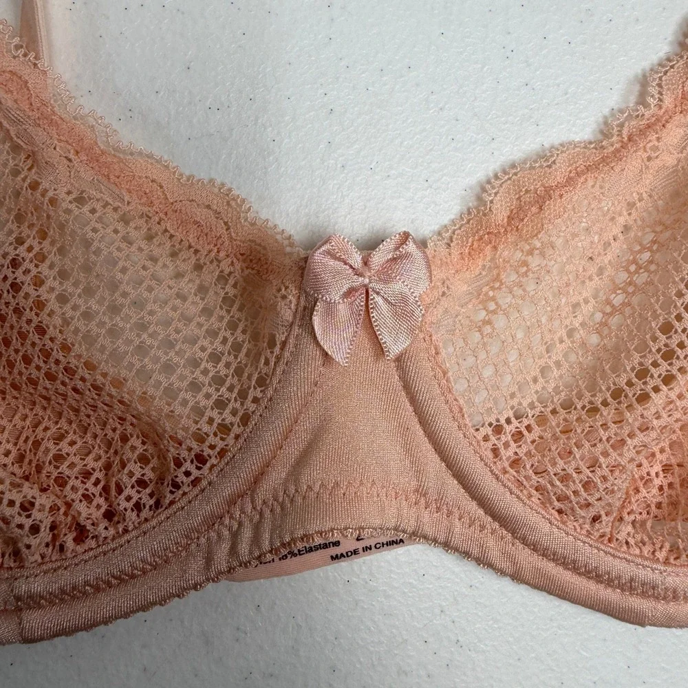 Wingslove 32D Bra Balconette Peach Geometric Lace Mesh Underwire Bow Detail